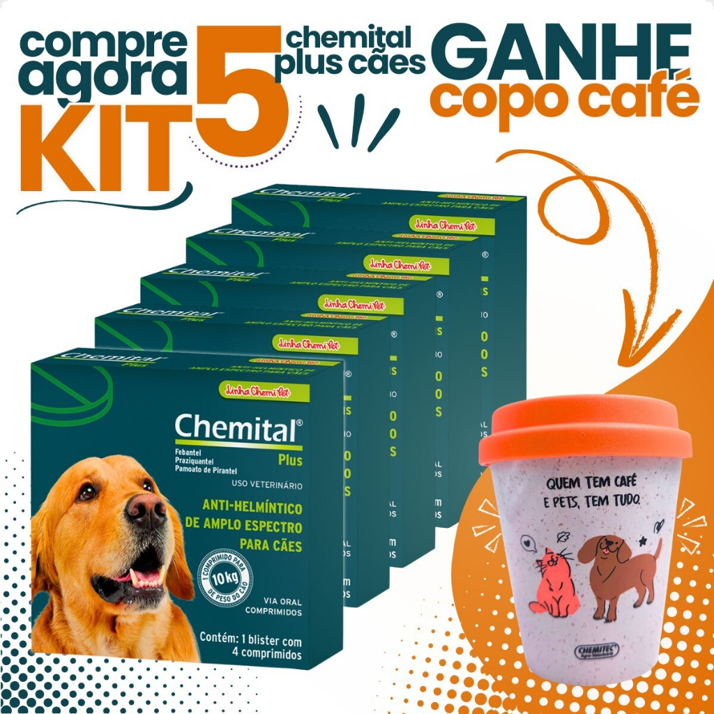 Chemital Plus Cães + Copo Café Pet – Proteção Completa Contra Vermes! - Pets