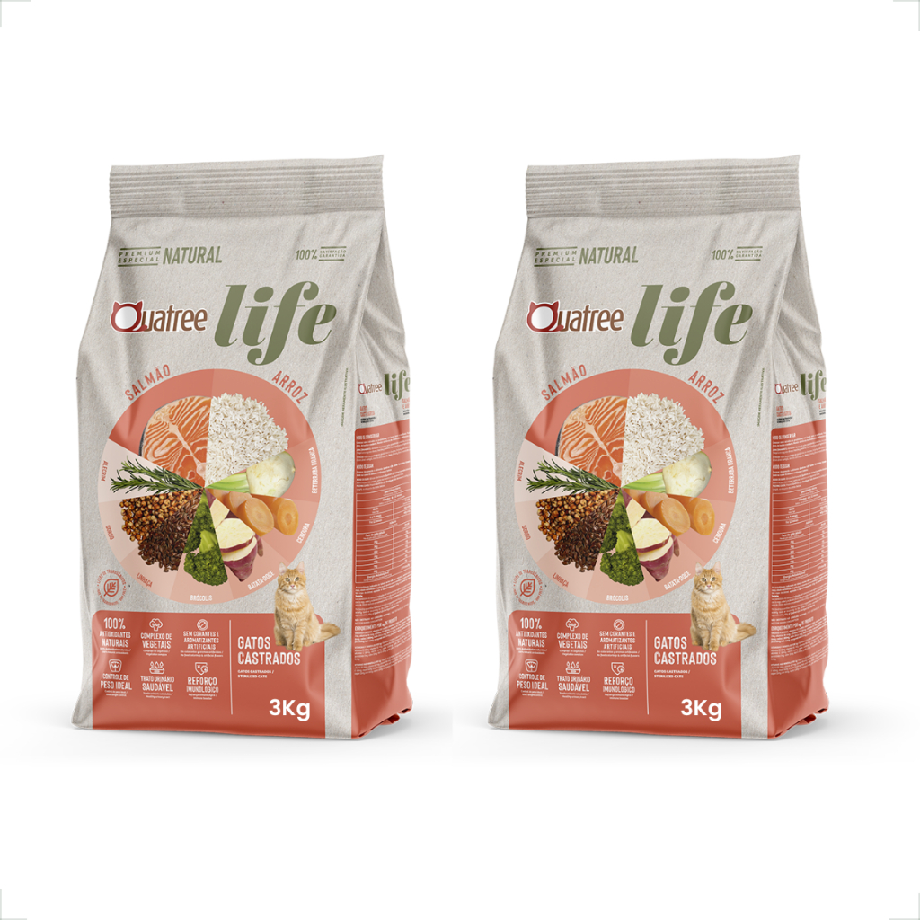 Kit 2 Ração Quatree Life Gatos Castrados Salmão e Arroz - 3Kg em Oferta na Shopee