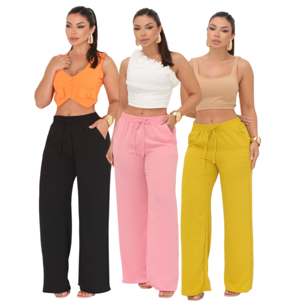 Kit C/ 3 Pantalonas Wide Leg Cintura Alta