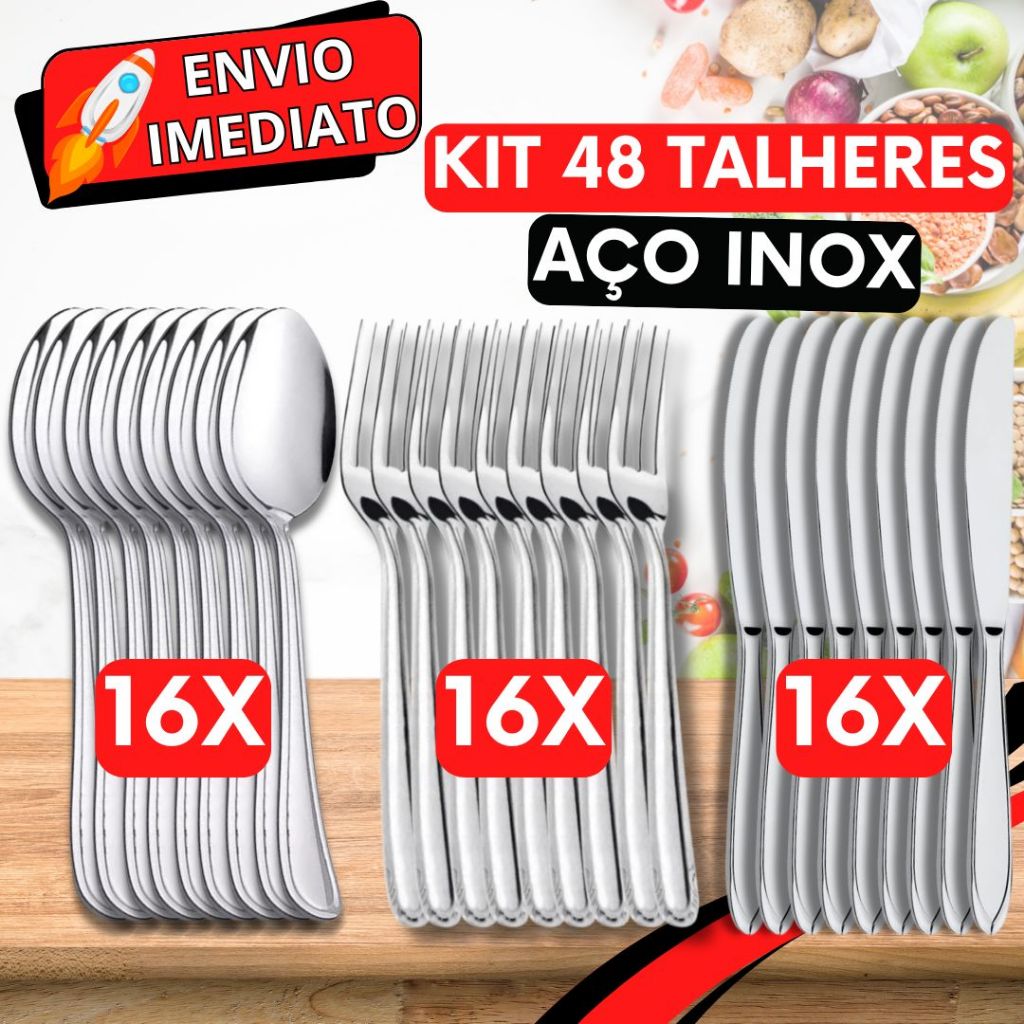 Jogo de Talher 48 Peças 16 Garfo 16 Colher 16 Faca Aço Inox Polido Super Resistente para Casa Cozinha Restaurante Buffet