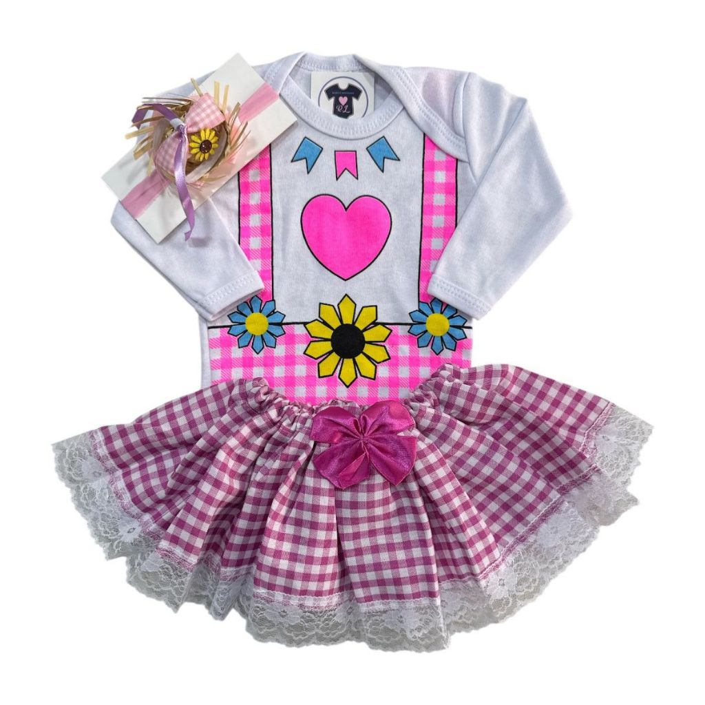 Body Bebe Menina-  Festa Junina Longa  LUXO + Laço + Saia Tutu - Temático