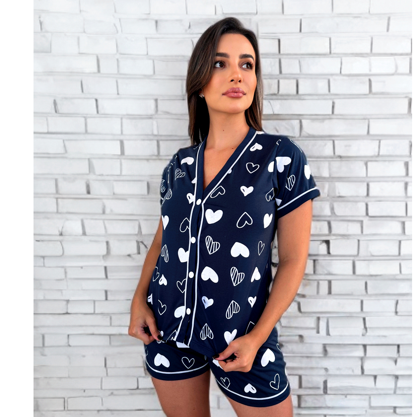 Pijama Americano Feminino Short e Blusa Gola V Com Botões Abertura Frontal Malha Confortável em Oferta na Shopee