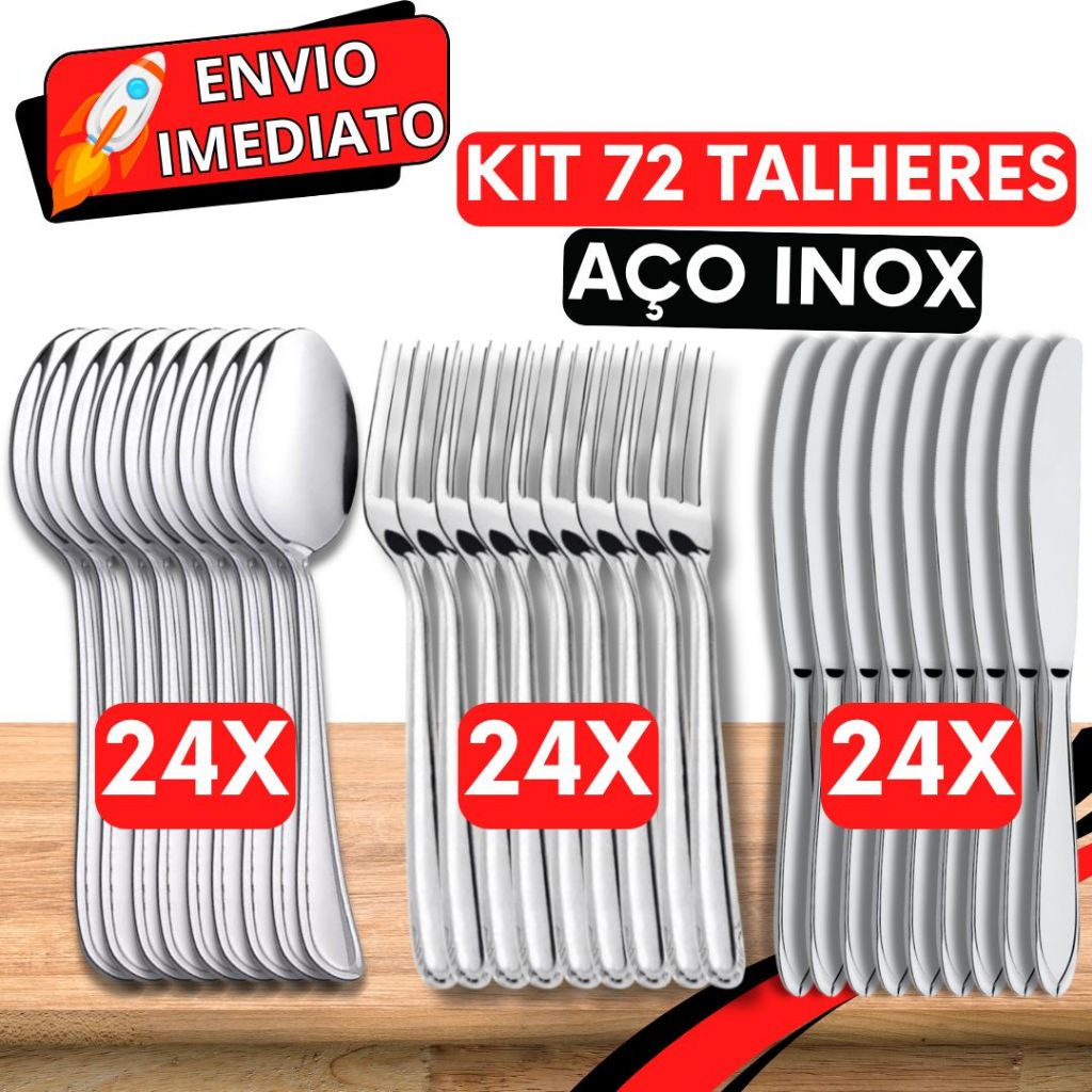 Jogo de Talher 72 Peças 24 Garfo 24 Colher 24 Faca Aço Inox Polido Super Resistente para Casa Cozinha Restaurante Buffet