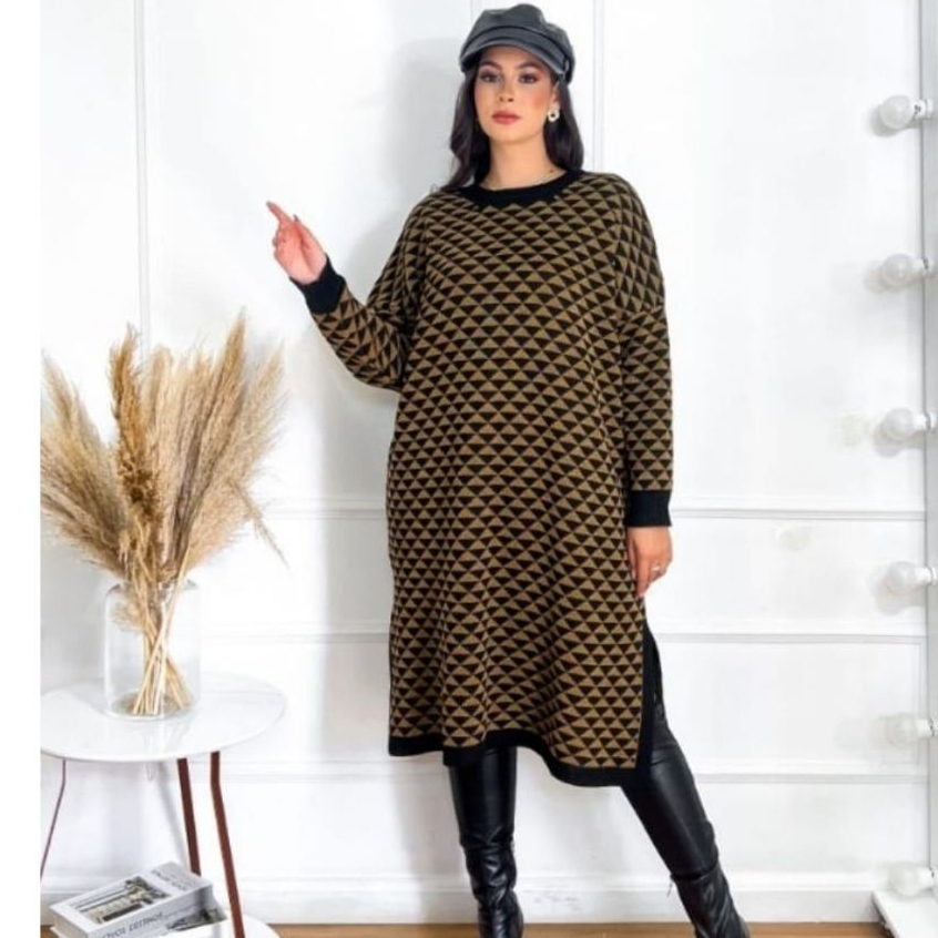 Poncho Blusa Kimono Feminino Longo Trico Manga Longa Fenda Estampado Plus Size Moda Inverno