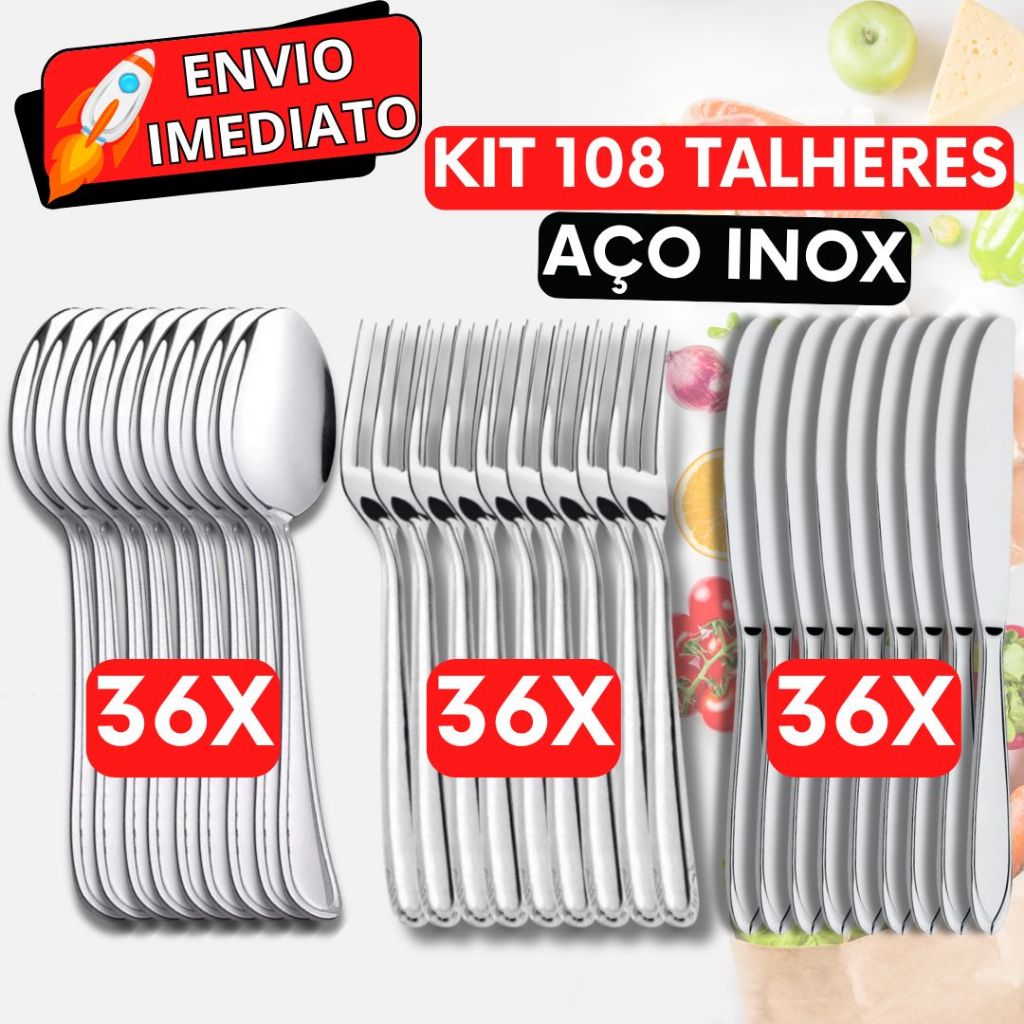 Jogo de Talher 108 Peças 36 Garfo 36 Colher 36 Faca Inox Polido Super Resistente para Casa Cozinha Restaurante Buffet