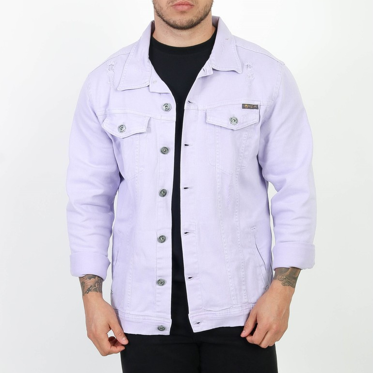Jaqueta Sarja Jeans Lilás Masculina Destroyed Austin Club Inverno Jaqueta Colorida Exclusividade