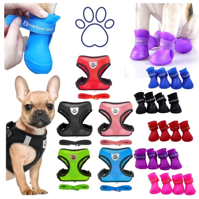 Kit Botinha Silicone Pet Coleira Peitoral Guia Confortável Cachorro Gato Passeio