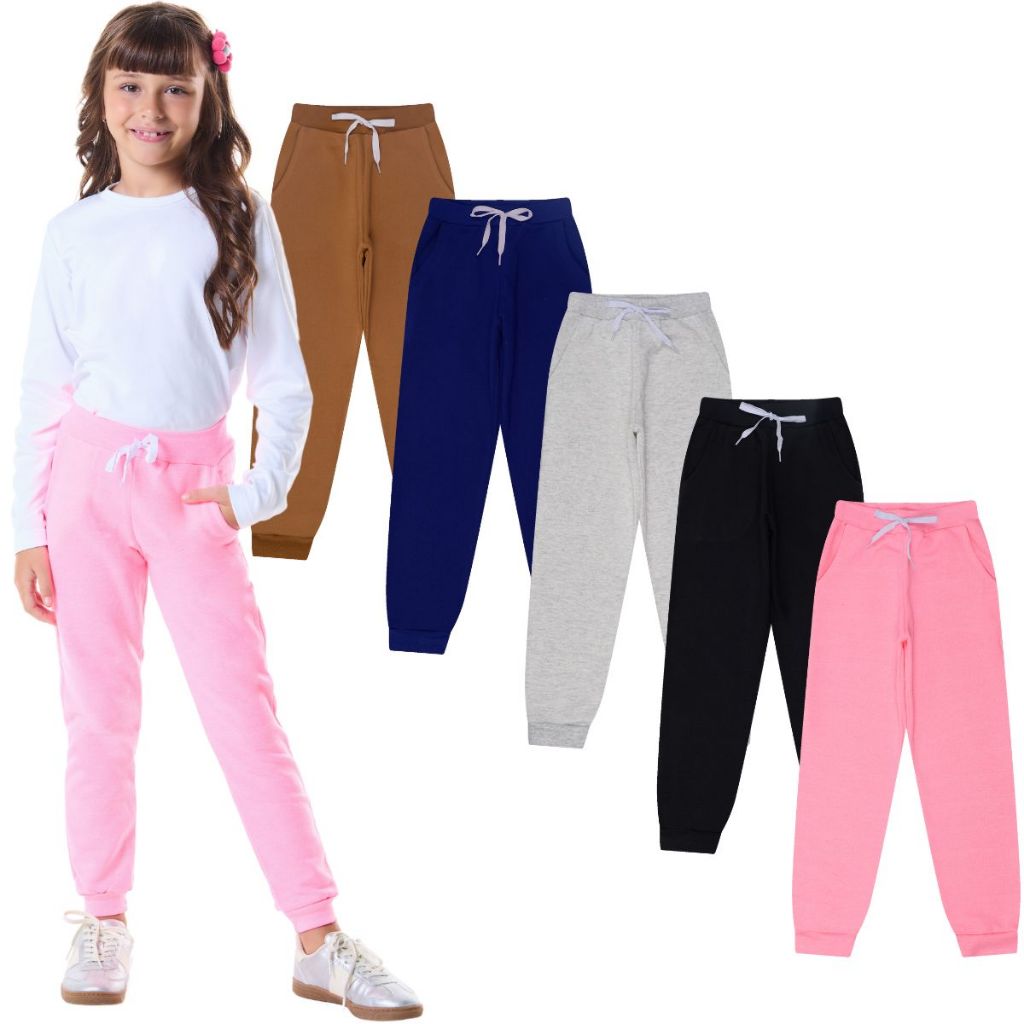 Kit 5 Calças Moletom Infantil Flanelada Roupa Juvenil Menina 4 ao 16 em Oferta na Shopee