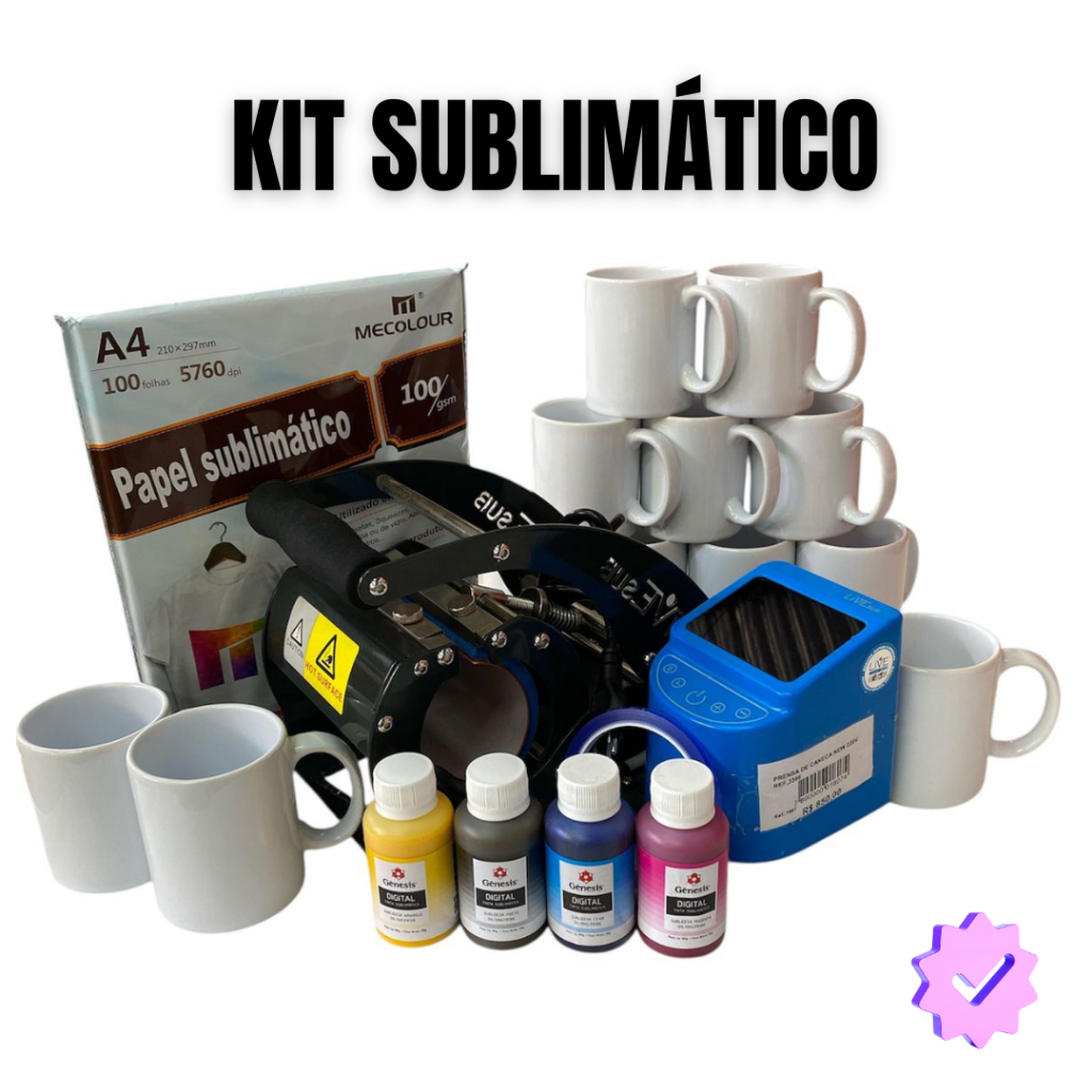 Kit Sublimação Completo – Prensa Caneca + Tinta + Papel + 12 Canecas