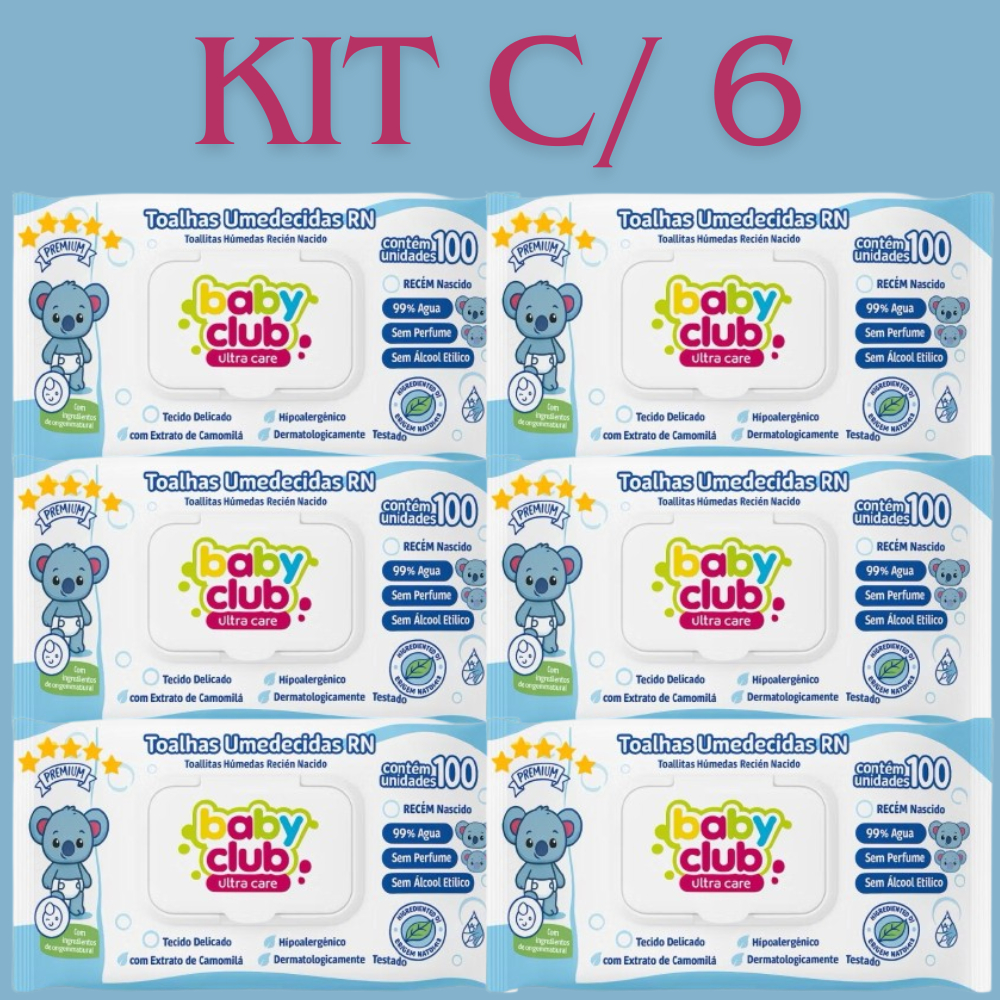 Kit 6 Pacotes de Toalhas Umedecidas Baby Club RN Ultra Care Rn C/100 Toalhinhas