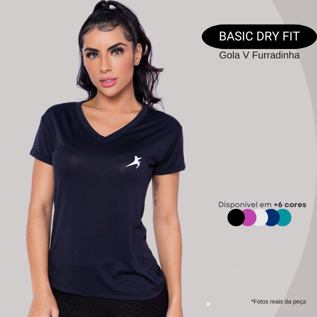 Camiseta Feminina Slim ao Plus Size Treinos Dry Fit Poliamida Gola V Moda Fitness Academia e Corridas