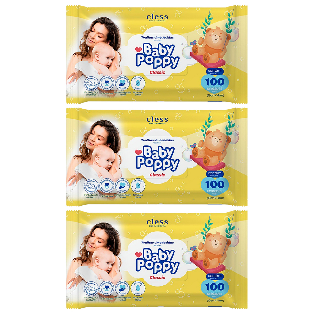 Kit 3 Toalha Umedecida Baby Poppy Classic Suave Macia Bebê Aloe Vera Sem Álcool 100 Unidades