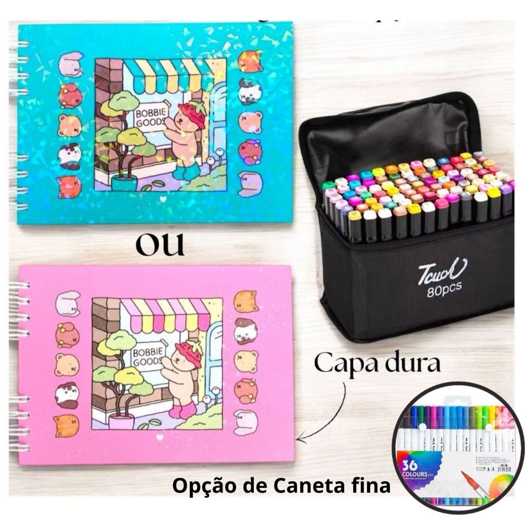 Kit Caneta 24/48/36/60/80 Peças Com Caderno de Colorir Azul ou Rosa Com Capa DURA BRILHANT...