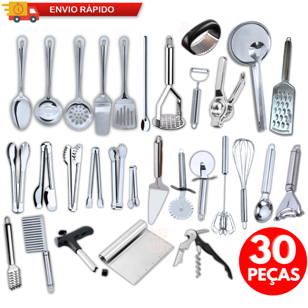 Kit 30 Utensílios De Cozinha Em Aço Inox Colher, Concha, Escumadeira, Pegador, Amassador De Batatas Utensílios De Natal