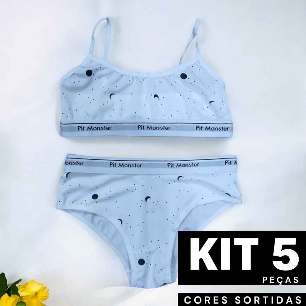 Kit 2 à 5 Conjunto Infantil Estampado Top sem Bojo e sem Aro + Calcinha Confortável 8 a 12 Anos