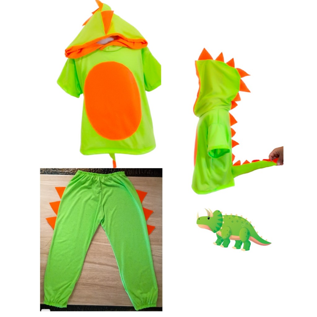 FANTASIA DINO VERDE LIMÃO CONJUNTO DE CALÇA E CAMISETA DINOSSAURO FESTA