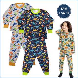 Kit 4 Peças Pijama Infantil Menino Masculino Inverno 2 Camiseta Manga Longa 2 Calça Punho 1 ao 16