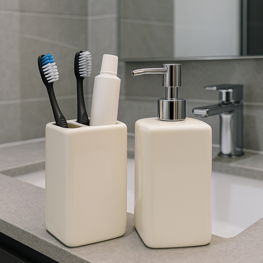 Kit Acessórios De Banheiro Lavabo 2 Peças Cerâmica Porta Escova e Porta Sabonete Líquido MIMI