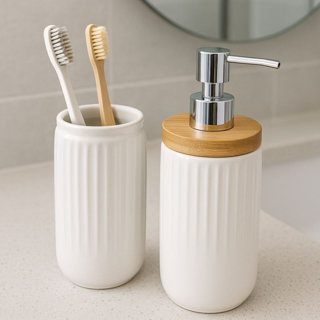 Kit Acessórios De Banheiro Lavabo 2 Peças Cerâmica Porta Escova e Porta Sabonete Líquido MIMI em Oferta na Shopee