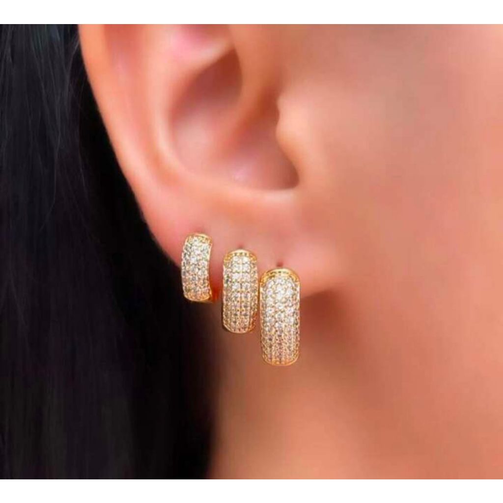 Trio de Brincos Argolinha Zircônias Folheado a Ouro 18k Luxo Brinco Trio Argola Zircônia Cristal Banhado
