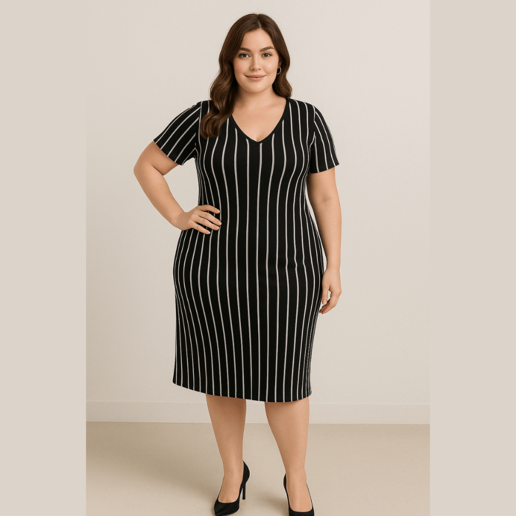 Vestido Feminino Comprimento Midi Malha Canelada com Elastano Plus Size Elegante