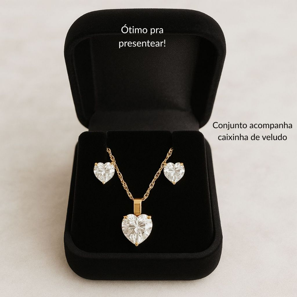 Kit Conjunto Brinco, Pingente e Colar Coração Zircônia Banhado A Ouro 18k C/ Garantia Lindo Presente! em Oferta na Shopee