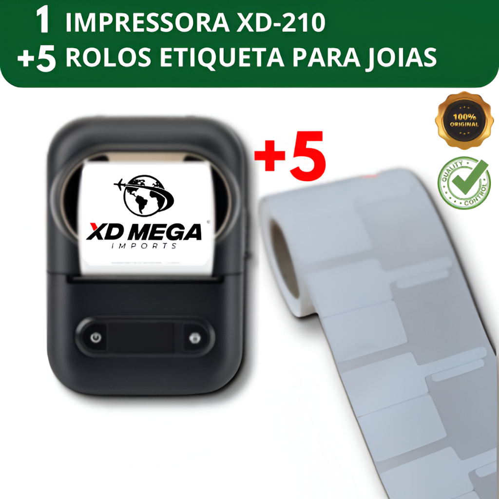 1 impressora USB bluetooth XD-210 + 5 rolos etiqueta para Joias e óculos