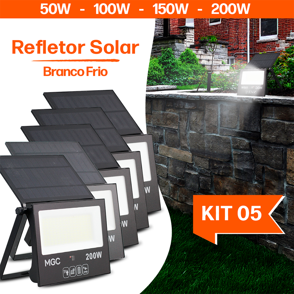 Kit 5x Luminária Refletor Solar LED 50W 100W 200W Sensor de Presença Fotocélula Holofote Branco-frio