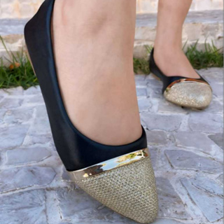 Sapatilha Feminina Arredondada Com Detalhes em Brilho e Dourado em Oferta na Shopee