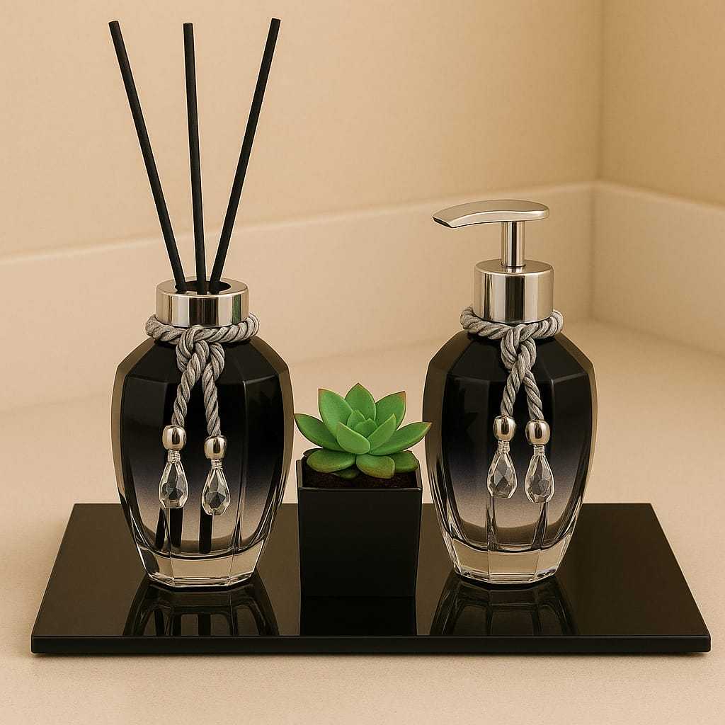 Kit Lavabo Sabonete Liquido + Difusor Aromatizante Turmalina + Base De Vidro + Arranjo De Vidro