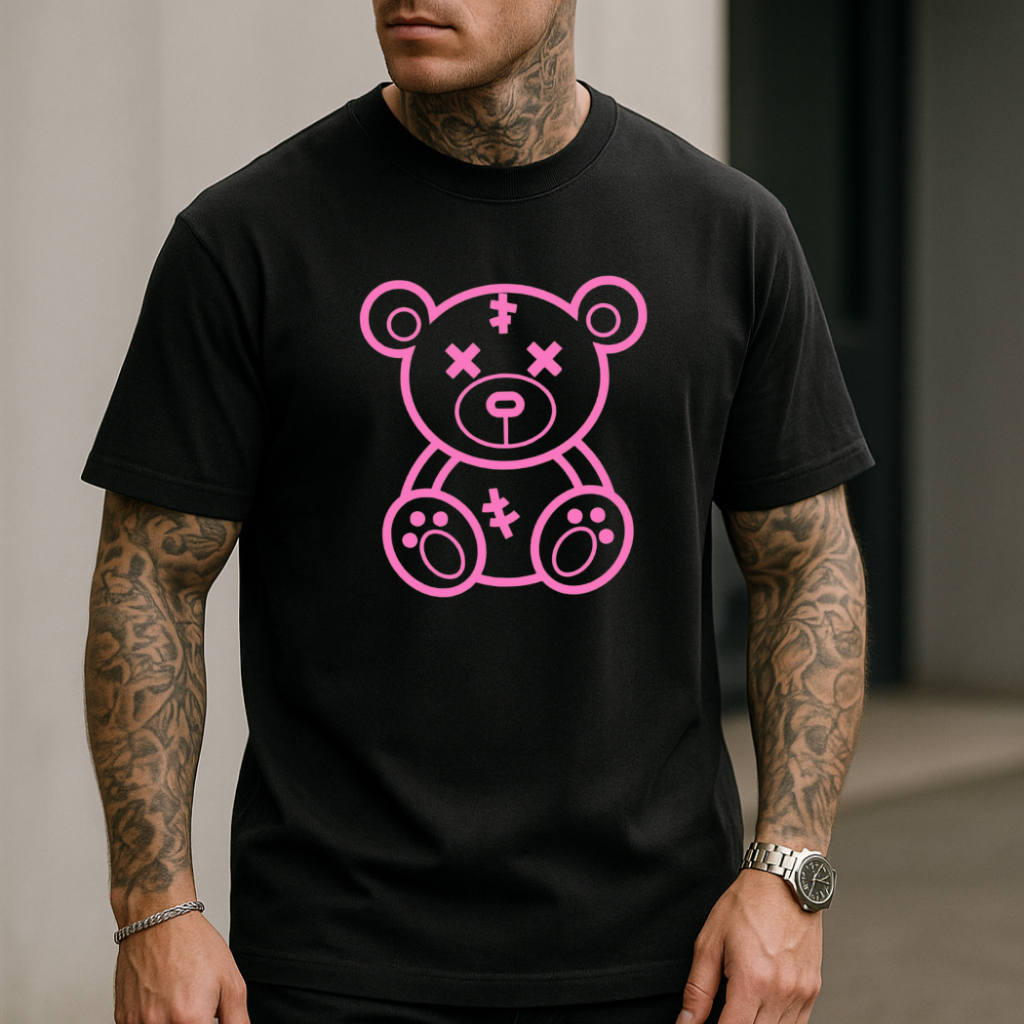 Camiseta Masculina Urso Rosa Camisa Streetwear Básica Algodão Manga Curta Gola Redonda Lançamento Promoção