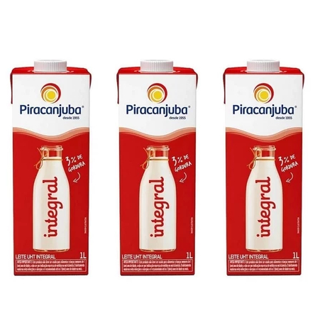 Leite Piracanjuba Integral 3 Unidades 1L | Sabor Puro + Envio Rápido em Oferta na Shopee