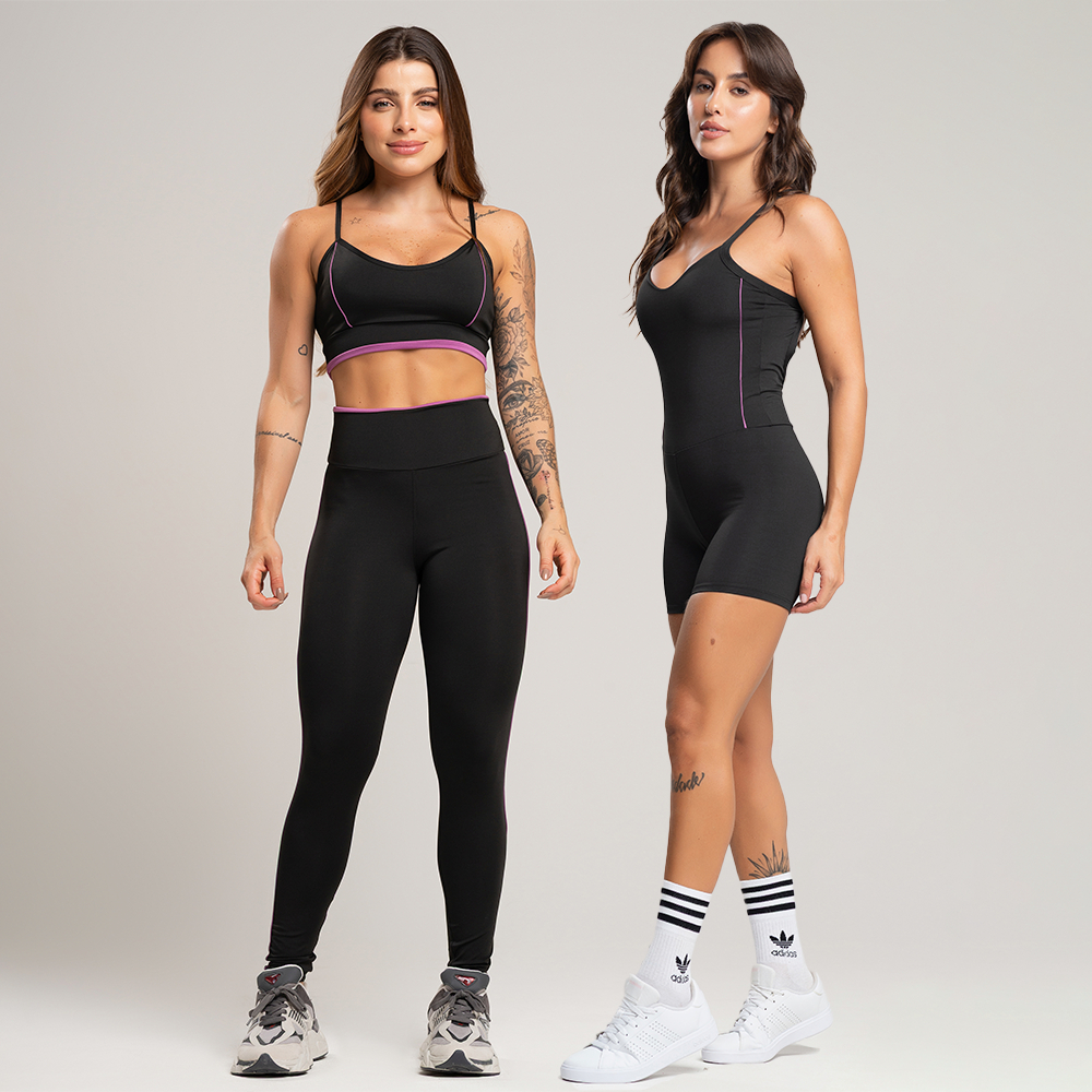 Detalhes do Kit de academia top alcinha e calça legging básica fitness + macaquinho detalhe em vivo