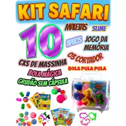 Kit 10 Maletinha Safari Com (Massinha Bola Mágica Geleca Slime Apito) 30 Molde Animais Lembrancinha