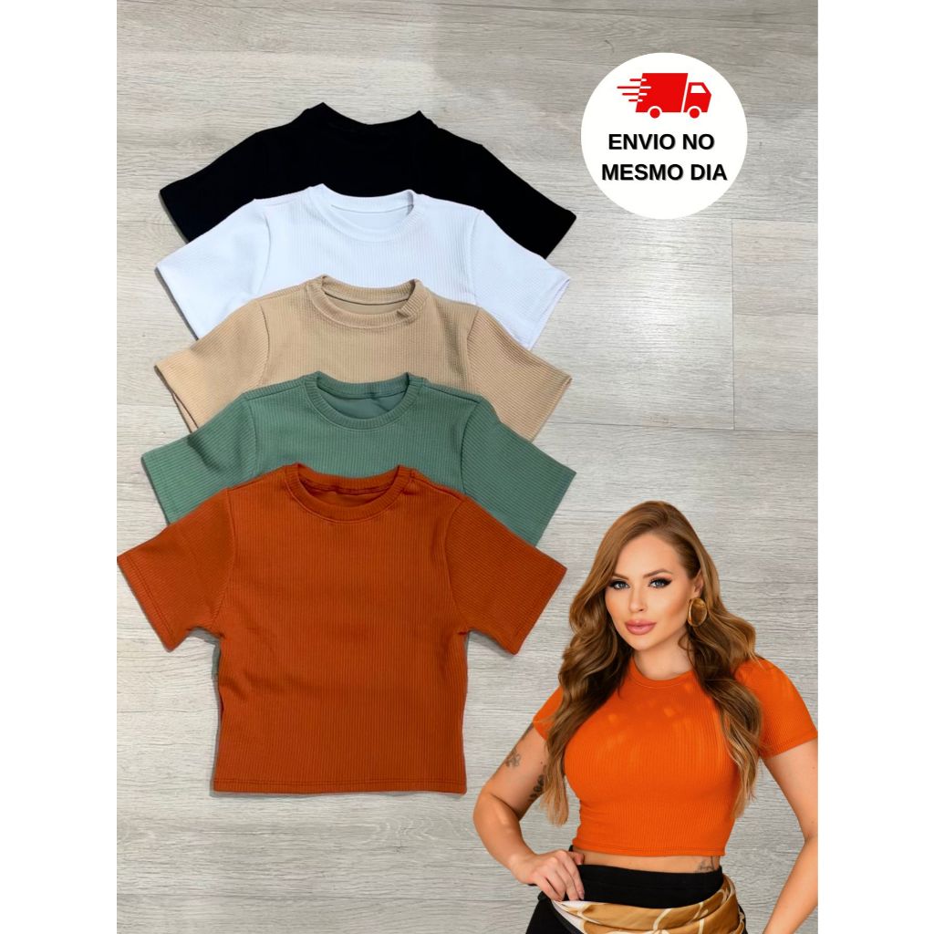 Kit 5 Blusinhas Femininas Cropped Manga Curta - Tecido Anarruga, Estilo Casual e Confortável