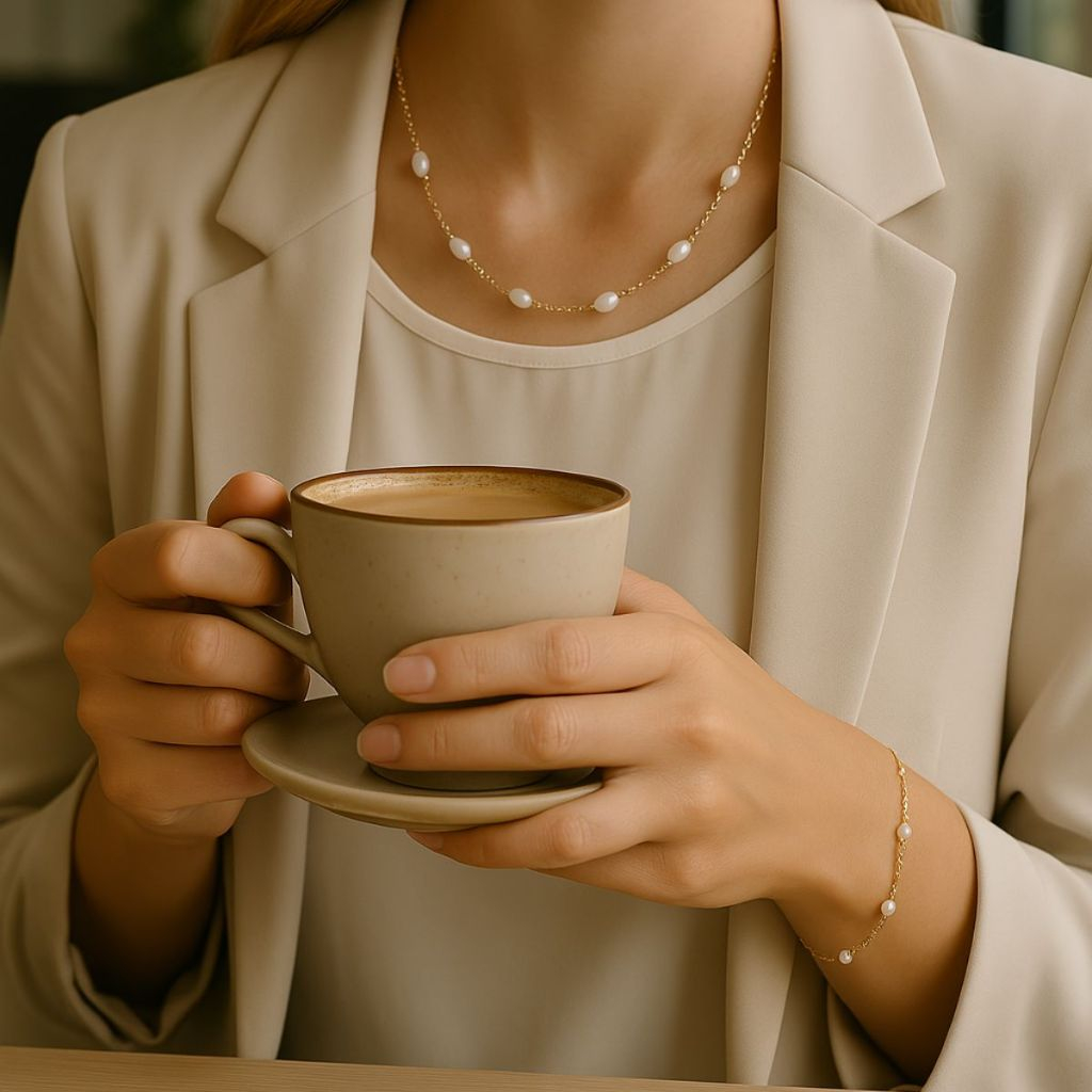 Conjunto Colar e Pulseira Pérolas Clássica Banhado a Ouro 18k Semijoia