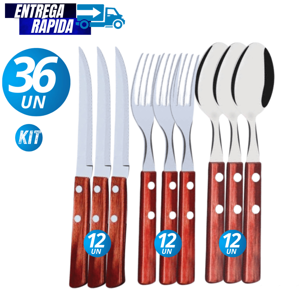 36/18/09 Unidades  de Talher Colher  Garfo Faca de Inox com Cabo de Madeira Faqueiro Conjunto Variáveis Premium