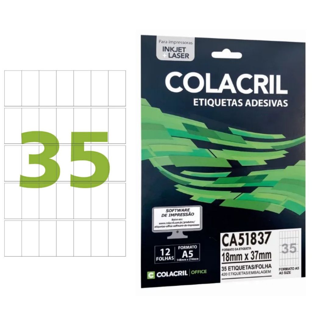 Colacril Etiqueta Adesiva | 12 Folhas com 35 etiquetas 18mmX 37mm | Impressoras Inkjet/Laser | CC51837