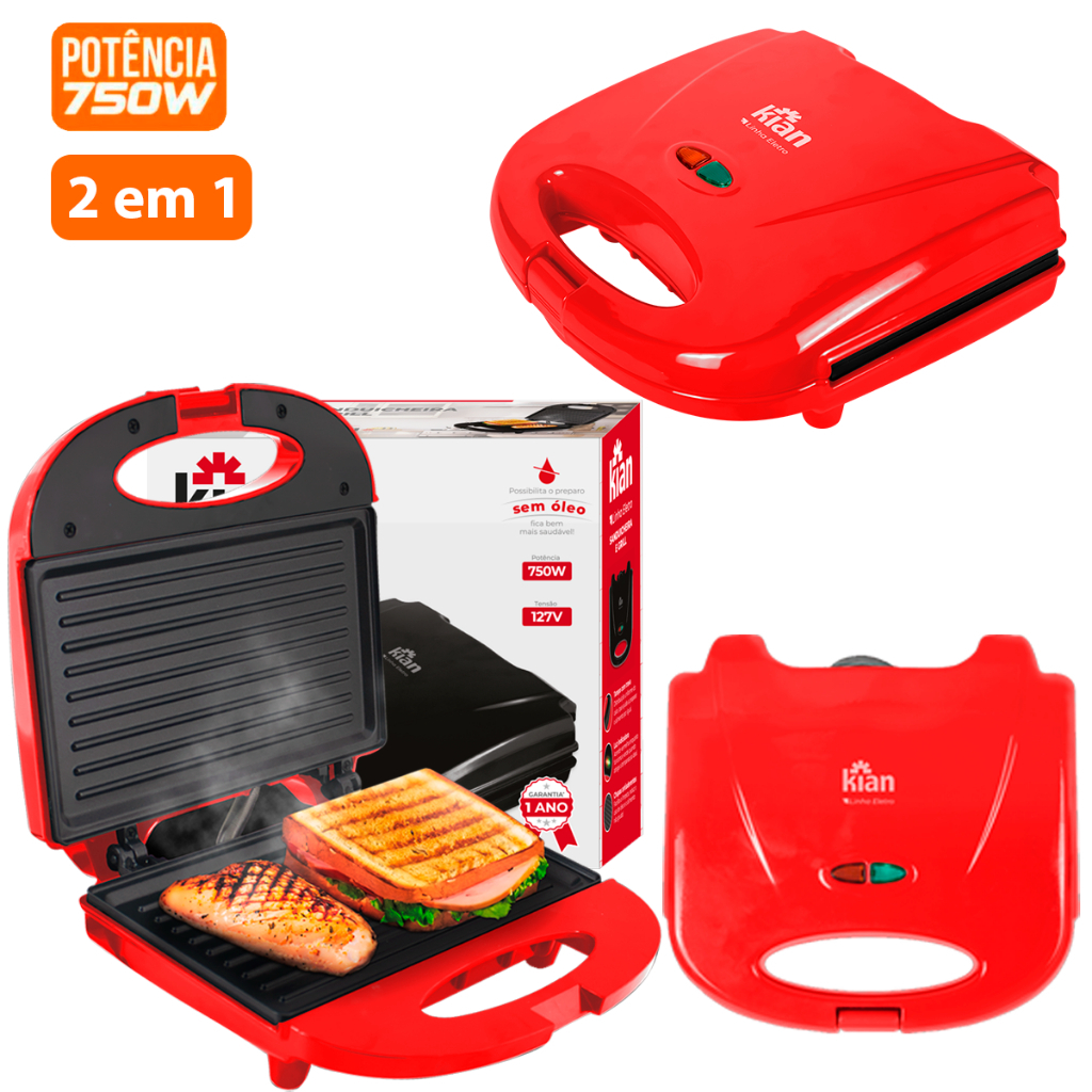 Sanduicheira Grill Kian 750W Preta ou Vermelha 110v 127v, Chapa Antiaderente, Luz Indicadora e com Trava