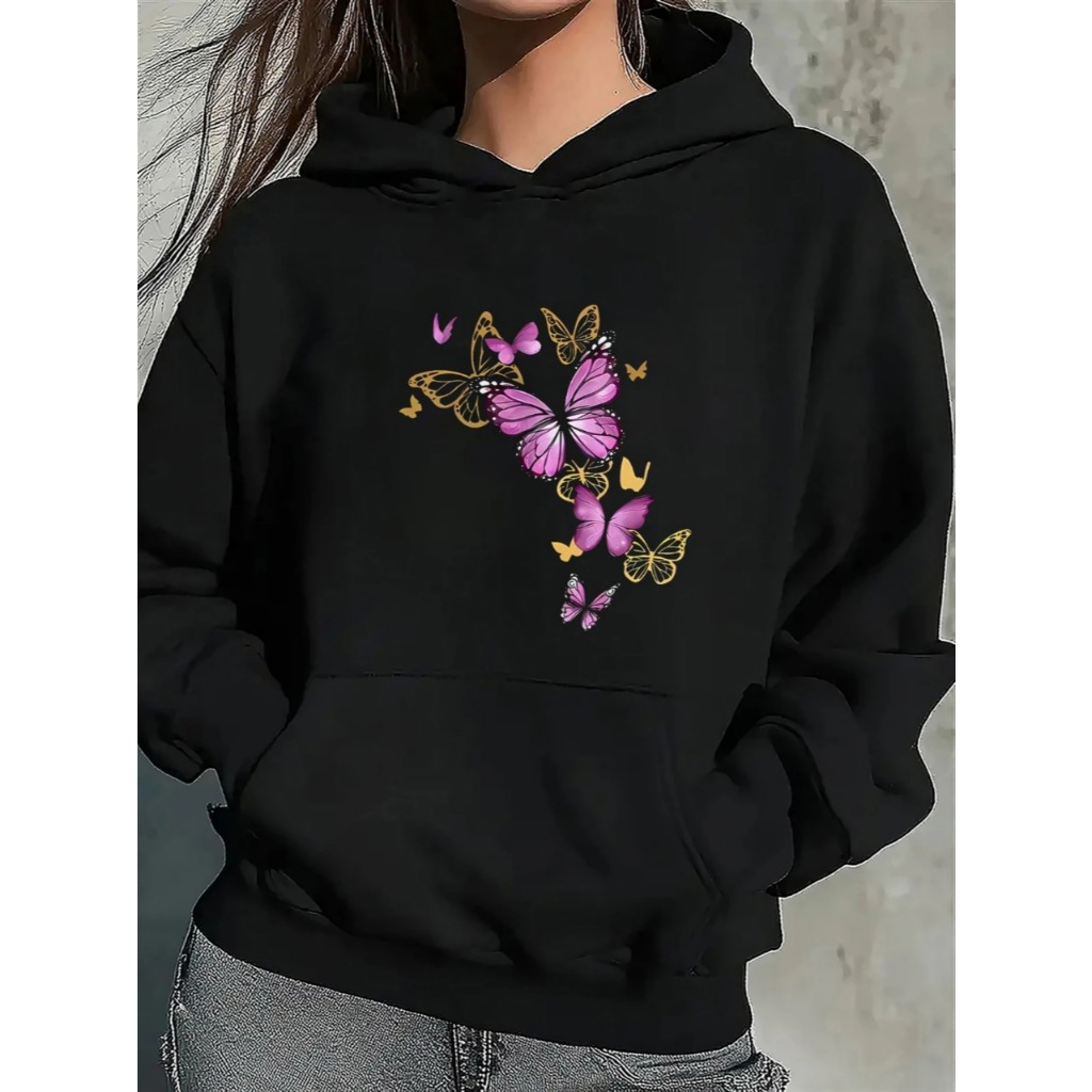 Moletom feminino canguru blusa de frio com capuz borboleta roxa casaco agasalho algodão lançamento