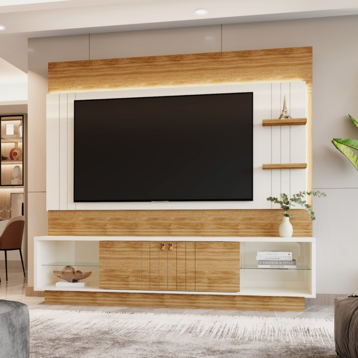 Home Estante P/Tv até 65" polegadas Guararapes Para Sala Retrô 2.00 Cm com Fita De Led Off White/Amendoa- SHARK MOVEIS em Oferta na Shopee