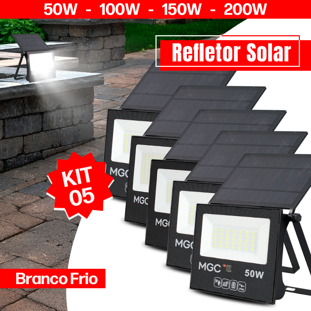 Kit 5 Luminária Refletor Solar LED 50W 100W 200W Sensor de Presença Fotocélula Holofote Branco-frio