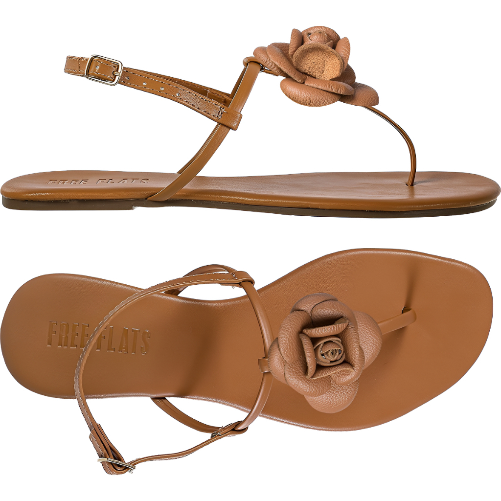 Sandália Rasteirinha Free Flats Feminina Tiras Maxi Flor Marrom Caramelo Confortável