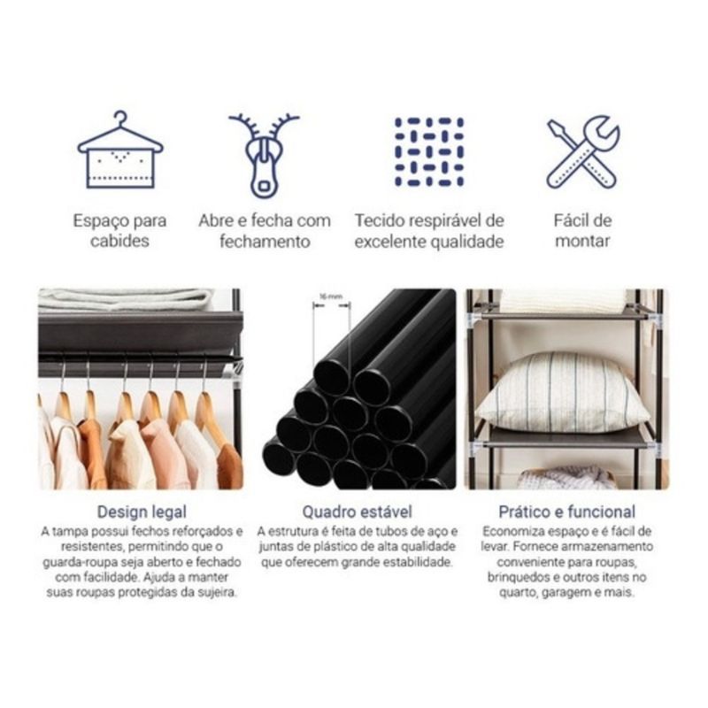 Guarda Roupa Dobrável Organizador De Roupas Portátil com Ziper Armário de Roupa Multifuncional — imagem 2 de 2