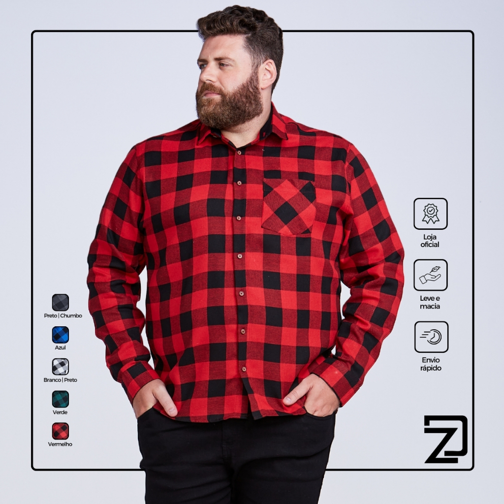 Camisa Xadrez Masculina Plus Size Manga Longa Flanelada