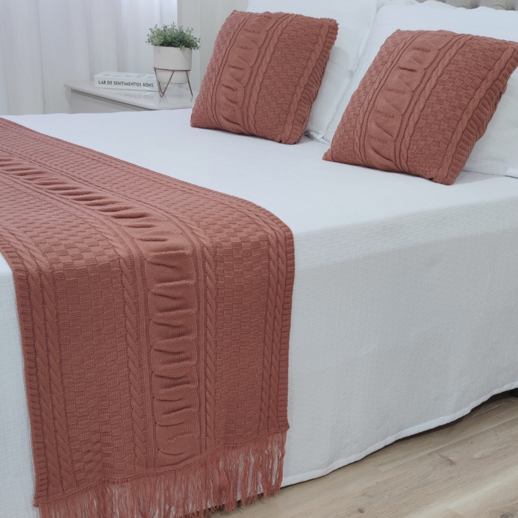 Peseira Manta Tricô Cama Casal Queen 230x60cm +2 Capa de Almofada 45x45cm J02