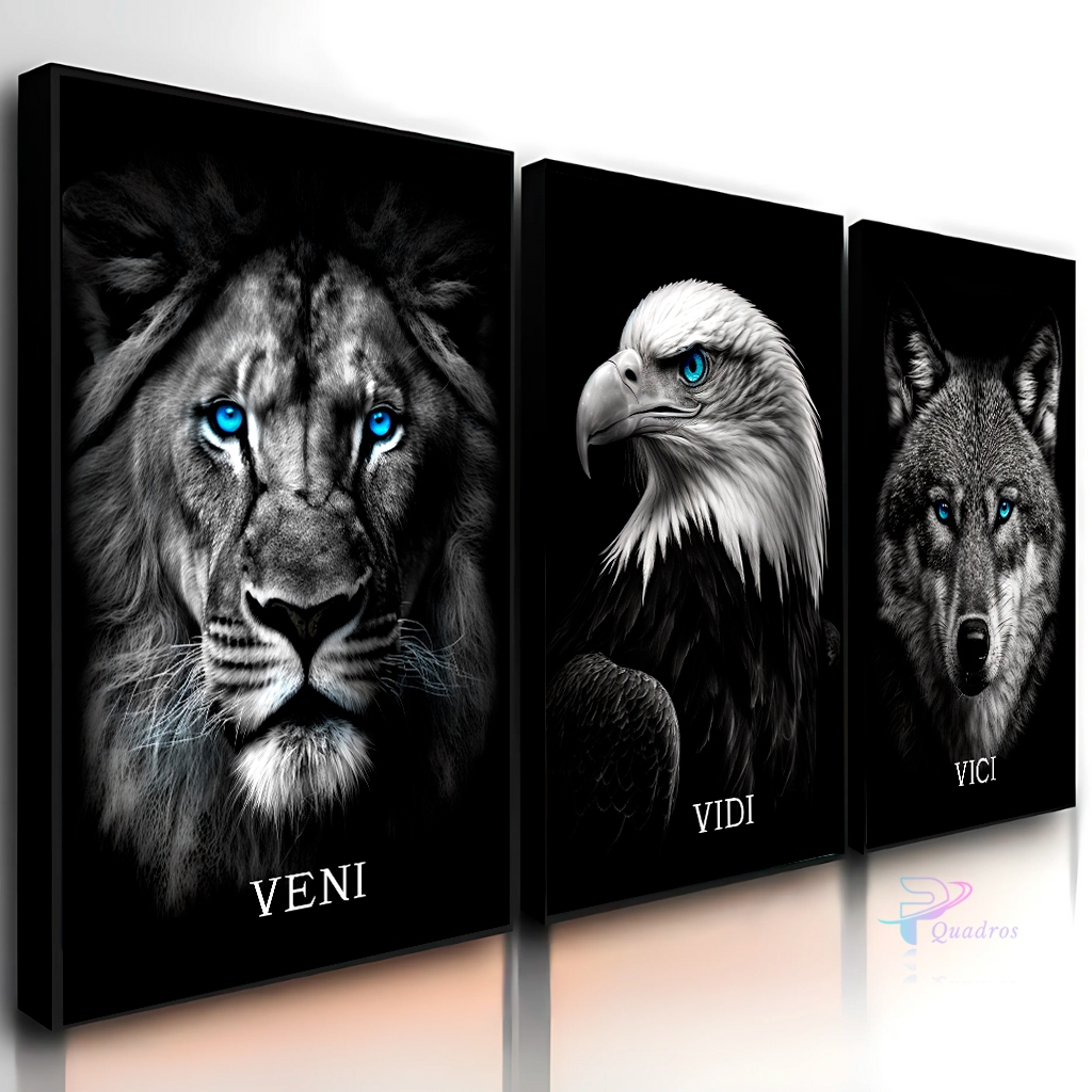 Quadros Decorativos 3 Peças Animais Leão Águia Lobo Preto e Branco Veni Vidi Vici Casa Sala Quarto Decoração Hall