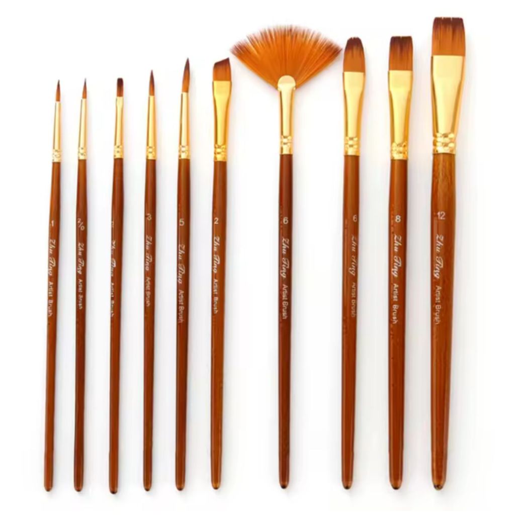 KIT DE PINCÉIS COM 10 UNIDADES PARA PINTURA AQUARELA GUACHE ACRILICO ARTESANATO EM GERAL CARAMELO