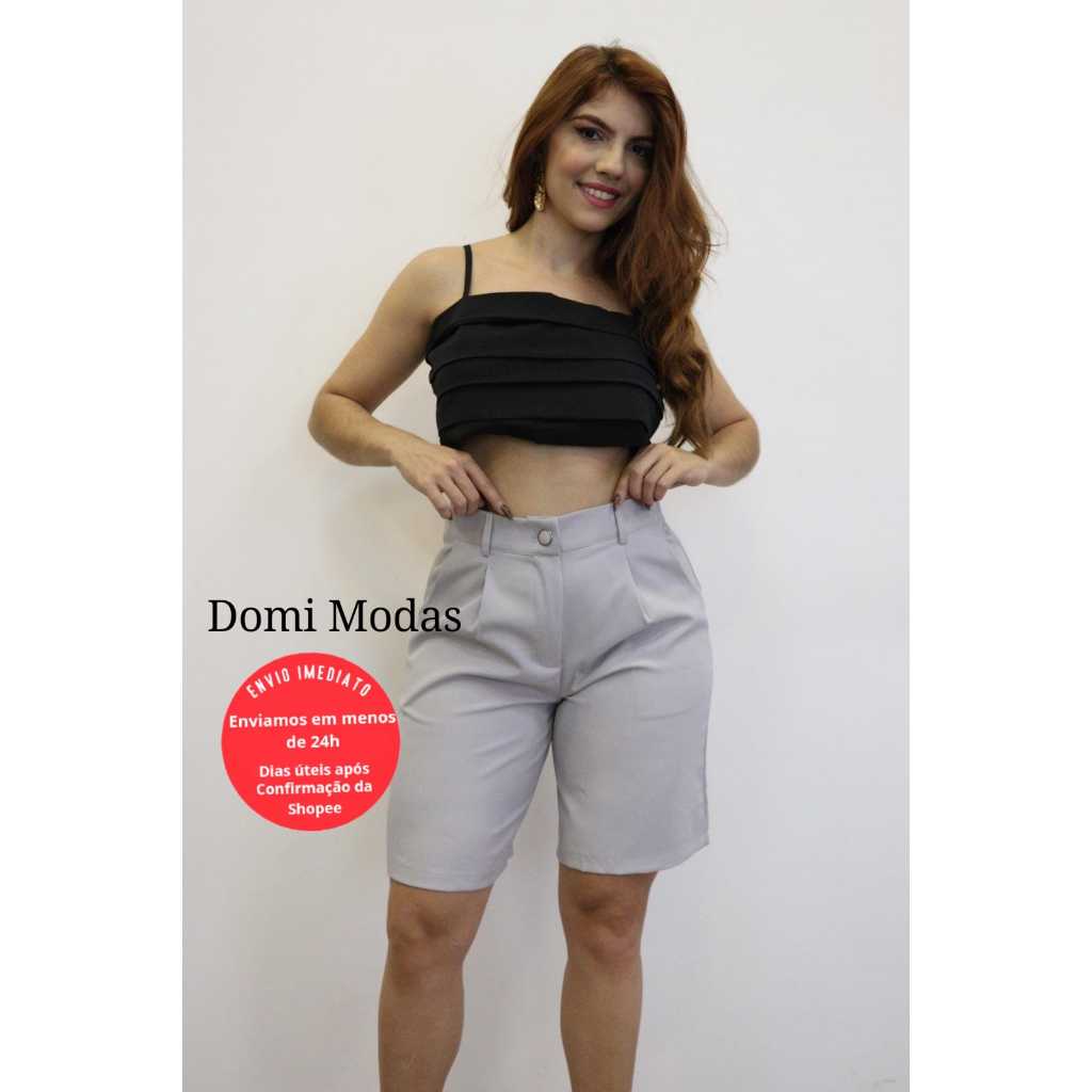 Domi Modas Bermuda Feminina Luis Twill Verão Cintura Alta Elegante Moderna Moda Casual LT135
