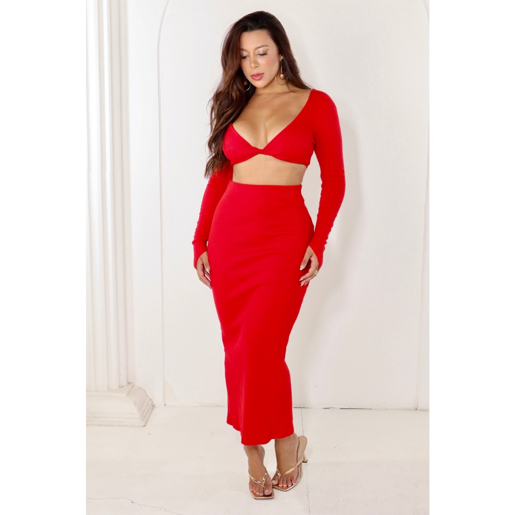 Conjunto Bianca conjunto de saia longa e cropped torcido manga longa moda feminina canelad...